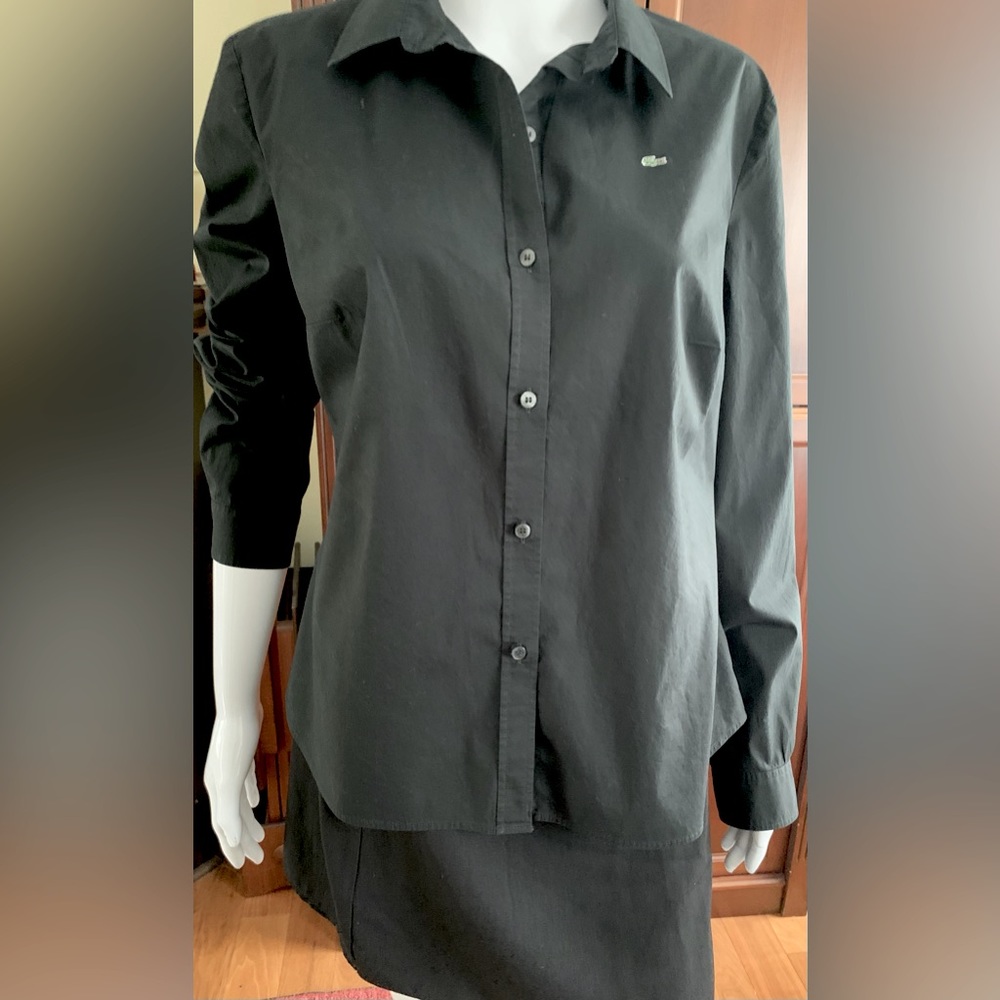 Lacoste black 98% cotton woman dress shirt  crocodile logo long sleeves Eur 46